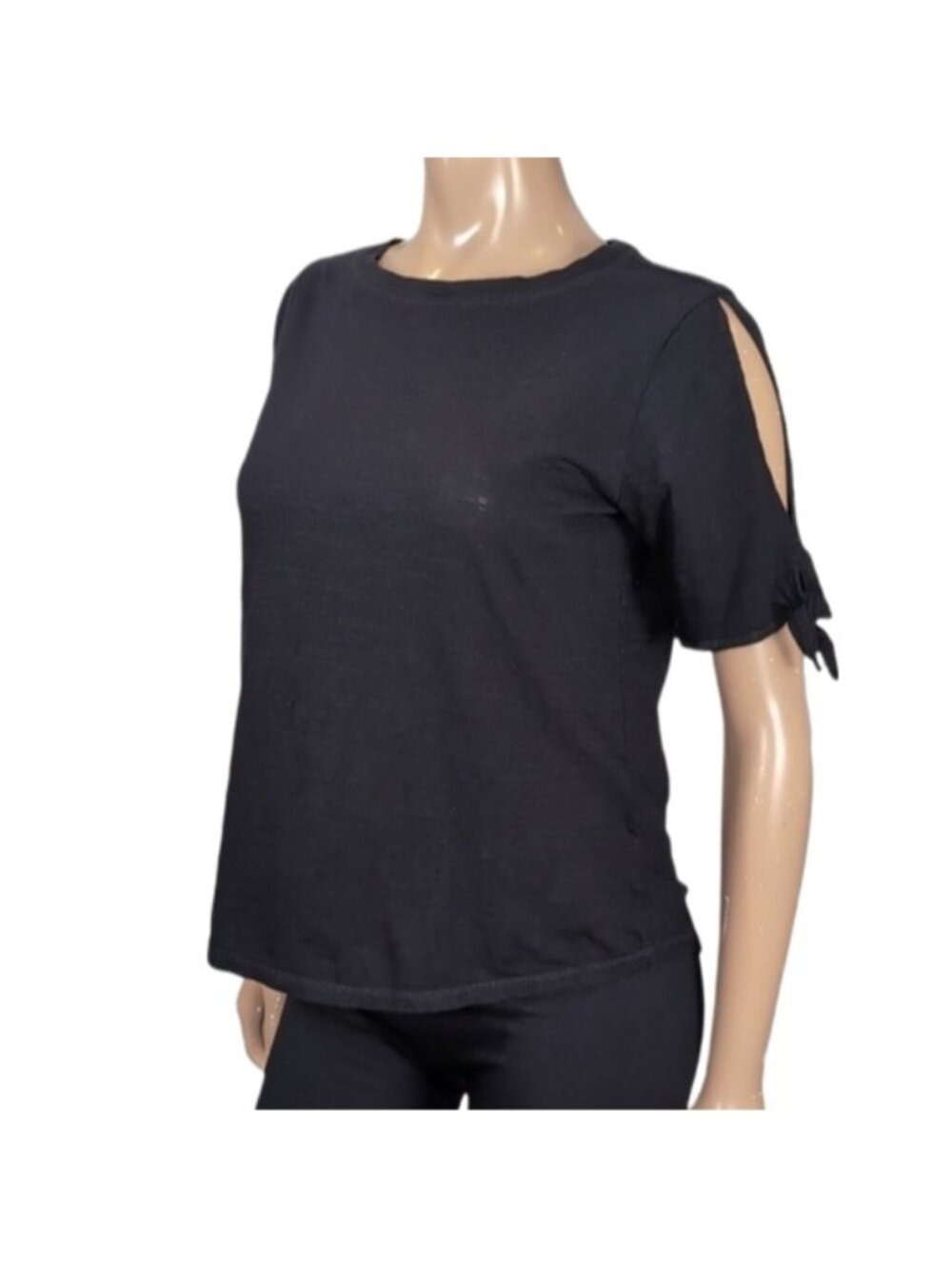 Jones New York Black Short Sleeve Top Womens Medium Slit Tie Cotton Basic